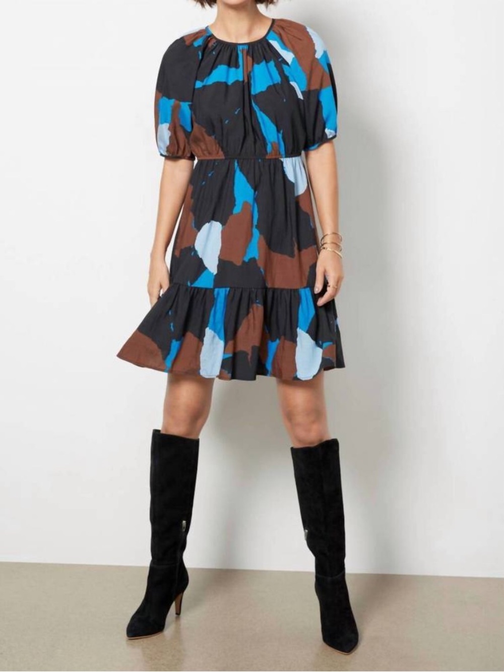 Rails Khloe Dress in Blue Multi Size Medium Puff Sleeve Black Brown
